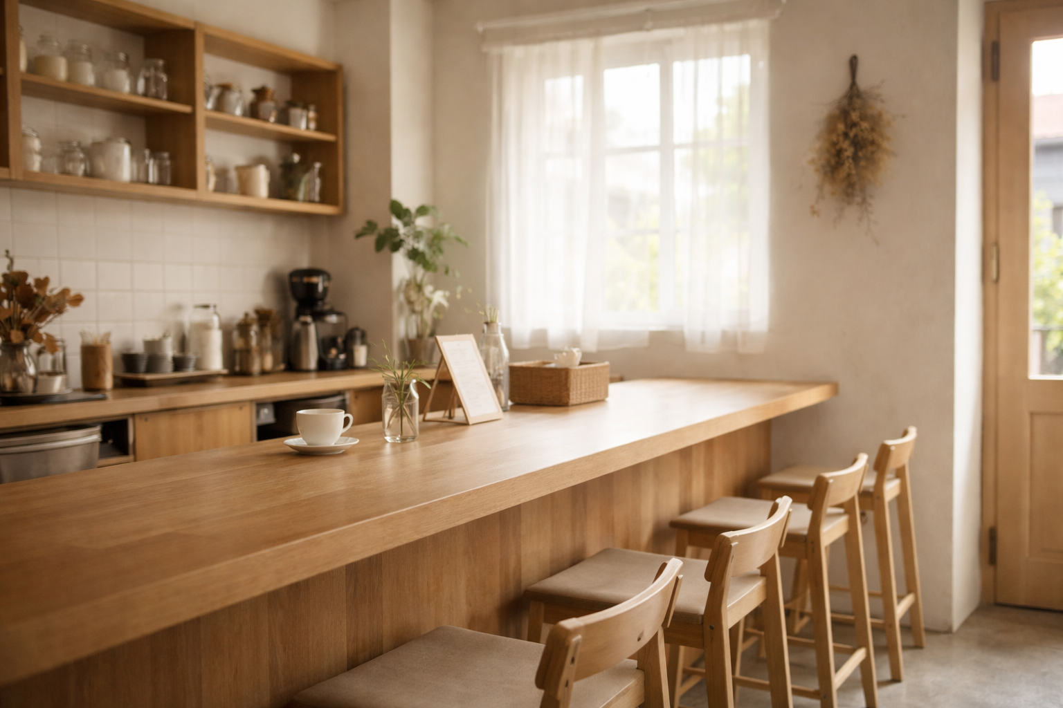 やわらかな光が入るカフェ店内の風景